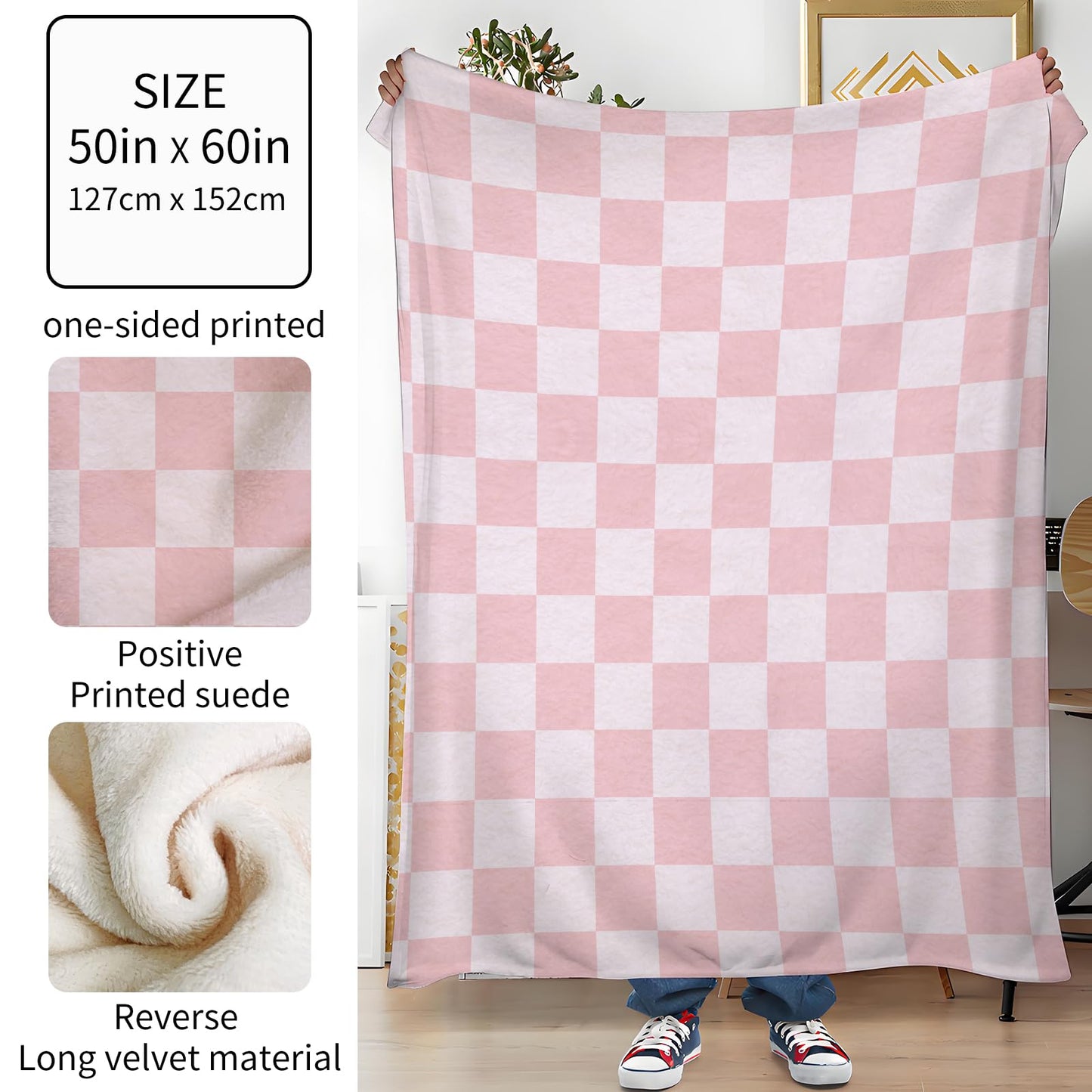ANIOXCK Throw Blanket for Couch, 300GSM Warm Soft Cozy Flannel Blanket, Cute Blanket for All Seasons Bedroom Home Decor Gifts, Pink Cute Checkerboards 50x60 Inches