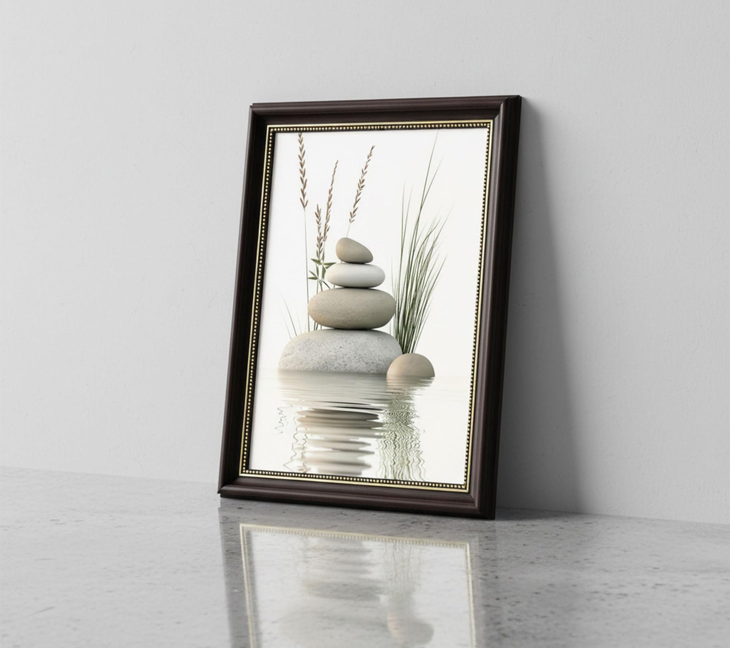 Dark Brown Framed Zen Stone Canvas Wall Art, Stacked Stones in Water Poster Print Artwork, Black White Bathroom Painting Picture Wall Decor, for Spa, Yoga, Meditation Room, Home Decoration, 12x16in