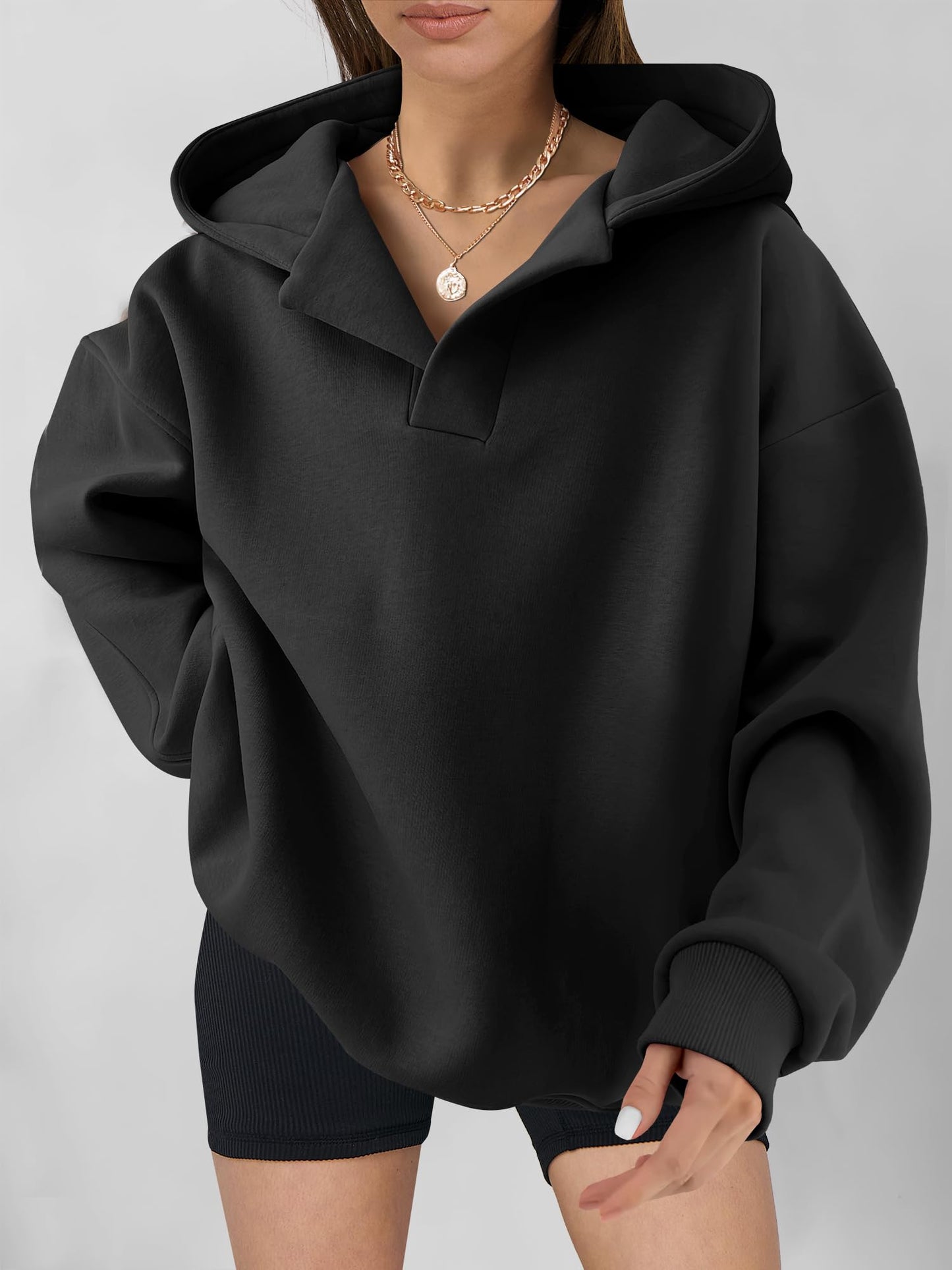 ANRABESS Womens Oversized Hoodies V Neck Sweatshirts Fleece Long Sleeve Pullover Y2K Clothes 2025 Fall Trendy Outfits Black L