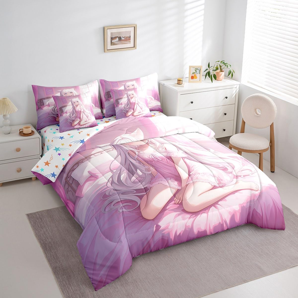 Erosebridal Twin Size Japanese Anime 7 Piece Comforter Set, Anime Girl Bedding Set Kawaii Japanese Style Bed in A Bag Cartoon Japan Animation Sheet Set for Boys Teen Adult Women Bedroom,Pink