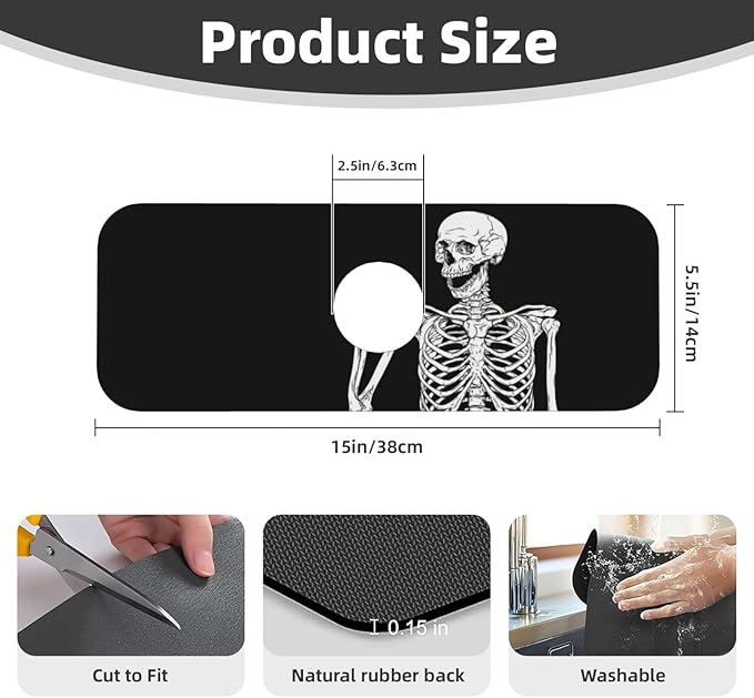 Black Funny Skull Human Skeleton Halloween Kitchen Sink Splash Guard Faucet Mat