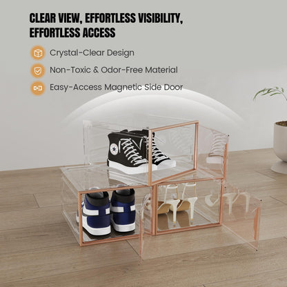 ADTO X-Large Stackable Shoe Boxes - Clear Plastic Shoe Storage Boxes with Magnetic Door, Thicken Shoe Organizer for Closet, Space Saving Foldable Shoe Containers Bins for Sneaker Boot - 6 Pack(Brown)