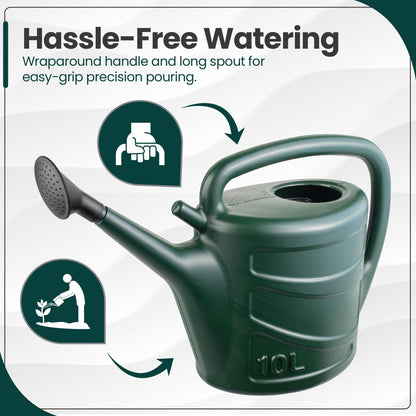 Hardys 10L Green Rose Watering Can - Outdoor & Indoor Watering Can with Detachable Sprinkler Rose Head, Long Spout Water Can for Houseplant & Garden Plants