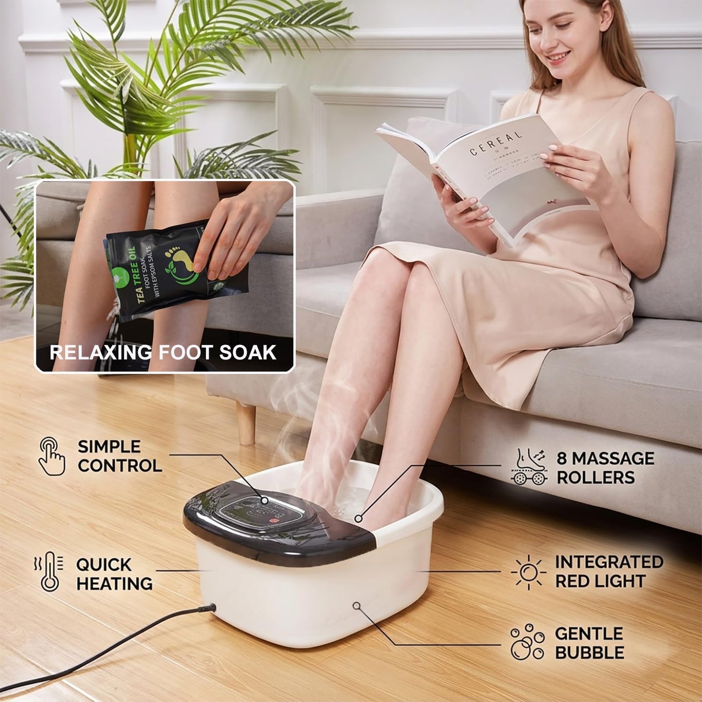 MODILIC Foot Soaking Tub, Foot Spa Bath Massager with Heat, Epsom Salt,Bubbles, Vibration and Red Light,Foot Soaker, Birthday Gifts for Mom Dad Women Men Her Him