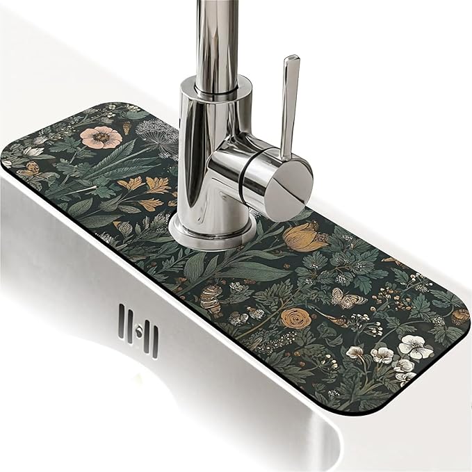 Kitchen Sink Splash Guard，Dark-green black flowers Faucet Mat Sink