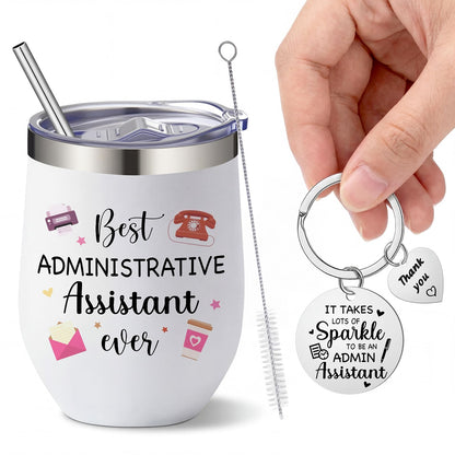 Patelai Admin Professionals Day Appreciation Gift for Women Inspirational Keychain and 12oz Stainless Steel Tumbler with Lid and Straw for Administrative Assistant Employee Appreciation Gifts