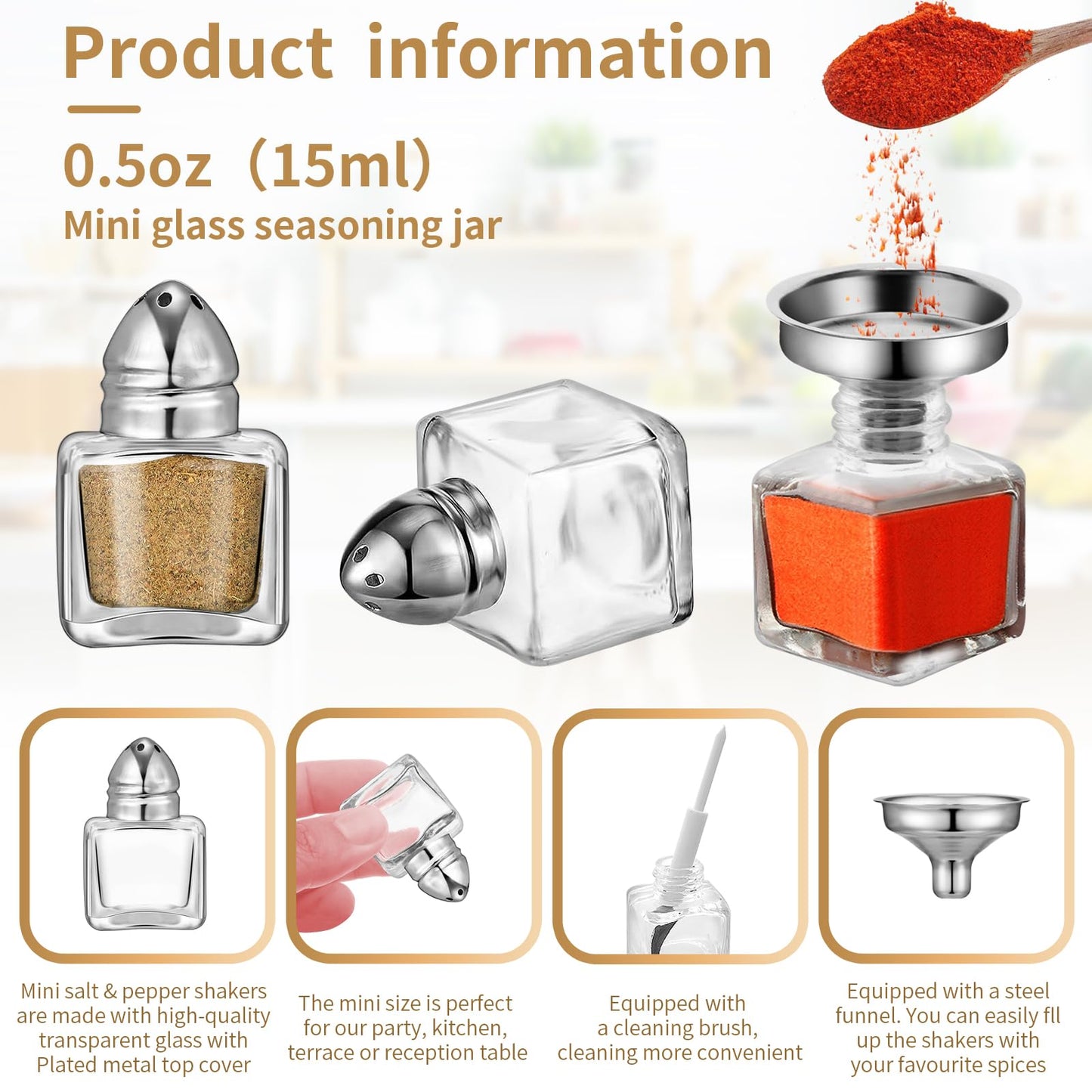 24 Pcs 0.5 oz Cube Shape Small Salt and Pepper Shakers Clear Mini Glass Seasoning Jars Spice Salt Shakers with Funnel and Storage Rack for Wedding Party Restaurant Home Kitchen (Silver)