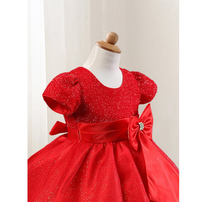 Toddler Girls Christmas Party Dress Bow Elegant Brilliant Tulle Lace Bridesmaid Wedding Dress L006_Red-3