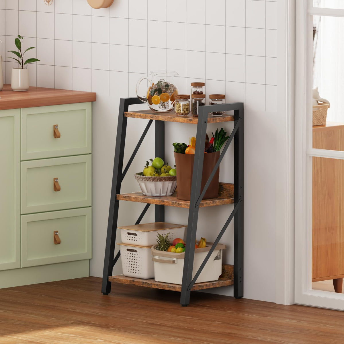 HOOBRO Ladder Shelf, 3-Tier Bookshelf, Corner Bookcase, Small Bookshelf with Metal Frame, for Living Room, Bedroom, Home Office, Kitchen, Rustic Brown and Black BF303CJ01