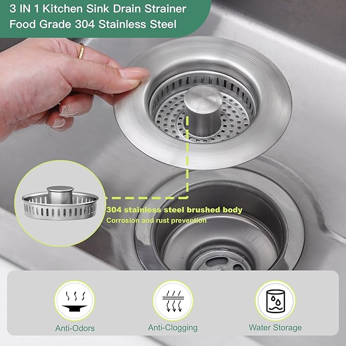 Sink Drain Strainer 3 in 1, 304 Stainless Steel Pop Up Sink Stopper,