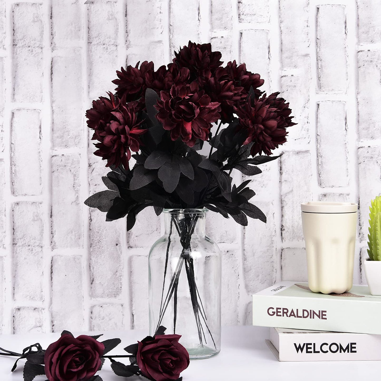 Artflower 10 Pack Artificial Silk Dahlia Bouquet with Long Stem, 16” Wine Red Fake Flower Floral Arrangements Wedding Bridal Bouquet for Halloween Harvest Festival Table Centerpieces Home Decor