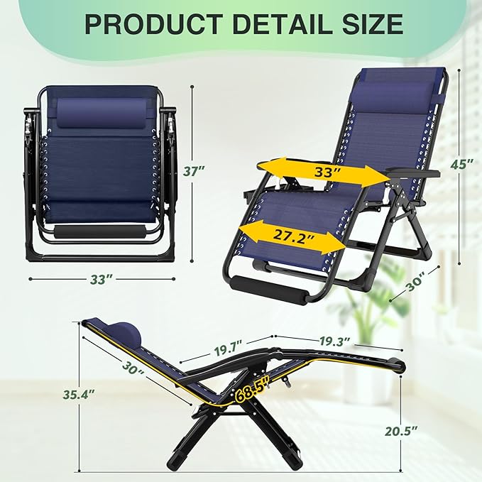 Suteck Oversized Zero Gravity Chair,33In XXL Outdoor Recliner Chair w/Removable Cushion&Headrest, Camping Lounge Chair w/Upgraded Lock&Footrest, Reclining Patio Chairs for Indoor Outdoor,500LBS