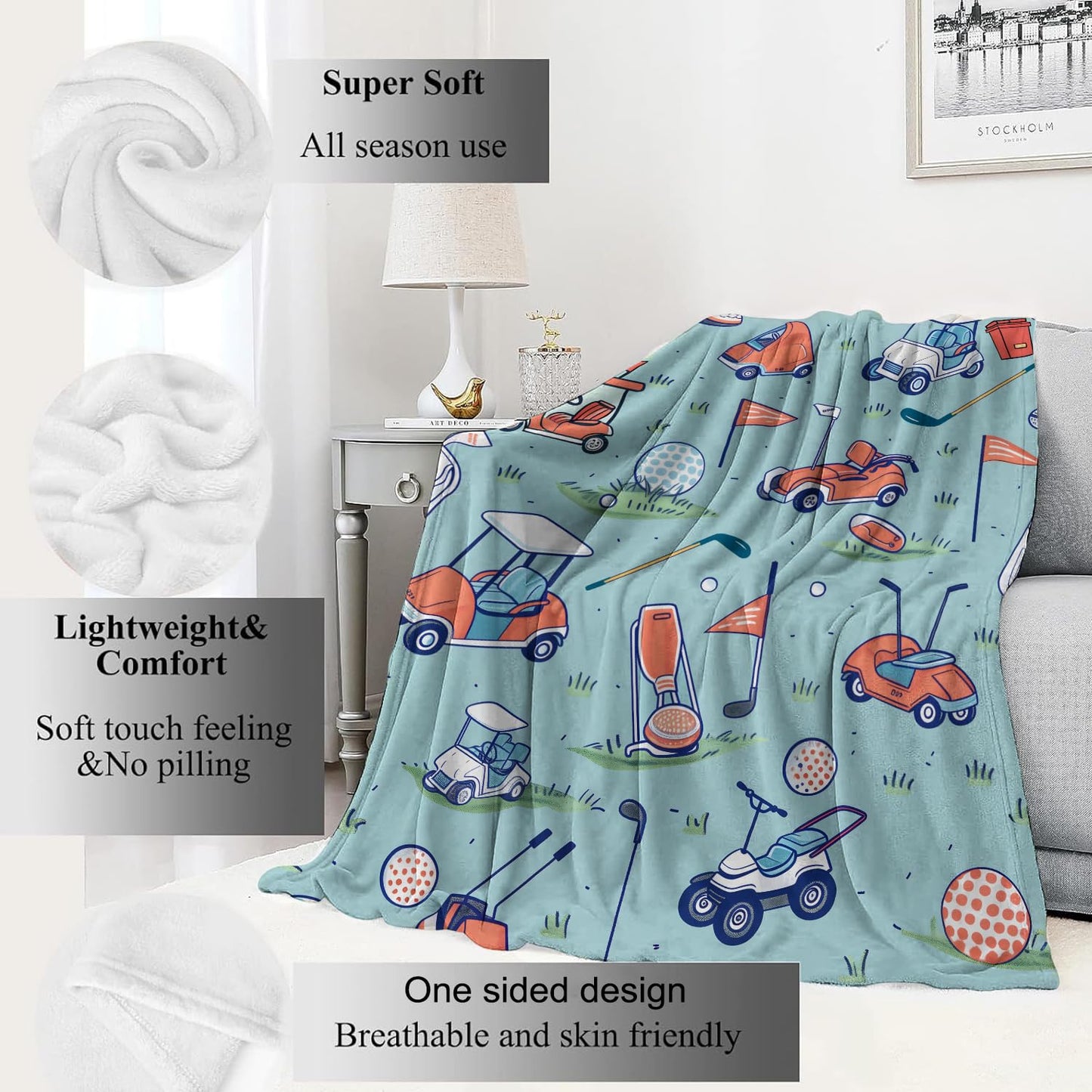 VODRM Golf Blanket Cart and Equipment Throw Blankets,Birthday Gifts for Kids Adult & Sport Lovers,Lightweight Soft Fleece Cozy for Sofa Couch Bed Room Art Modern Decor 50x60in