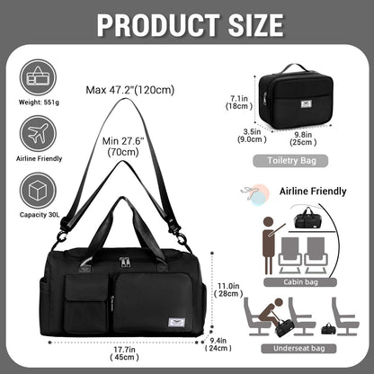 FIORETTO Womens Mens Sports Gym Bag Duffle Bag with Shoes Compartment, Weekend Travel Bag Overnight Bag for Women, Foldable Water Resistant Holdall Hospital for Swimming with Toiletry Bag Black