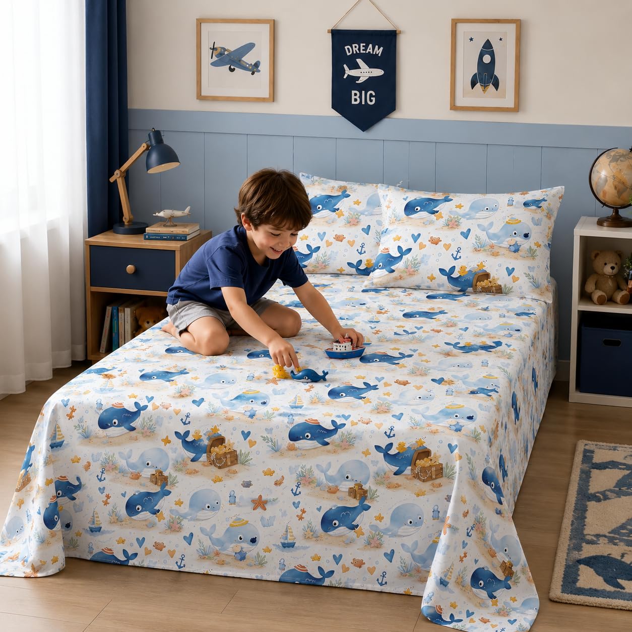 YIYEA 100% Cotton Kids Sheets, Ultra Soft Cozy Cute Bed Sheets Set for Girls, Boys, Teens, 16" Deep Pocket, 3PC, Twin