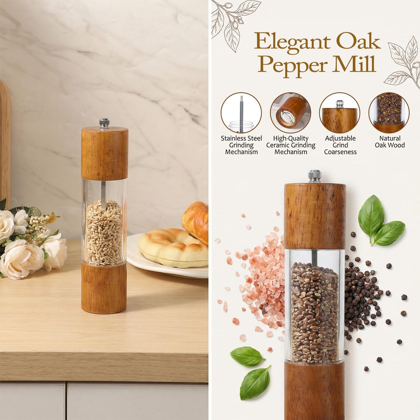 Wooden Salt and Pepper Grinder Set, 8 inch Manual Refillable Wooden Salt and Pepper Shakers Mill with Tray, Adjustable Coarseness, Solid Wood with Ceramic Stainless Steel Core, Transparent - 2 Packs