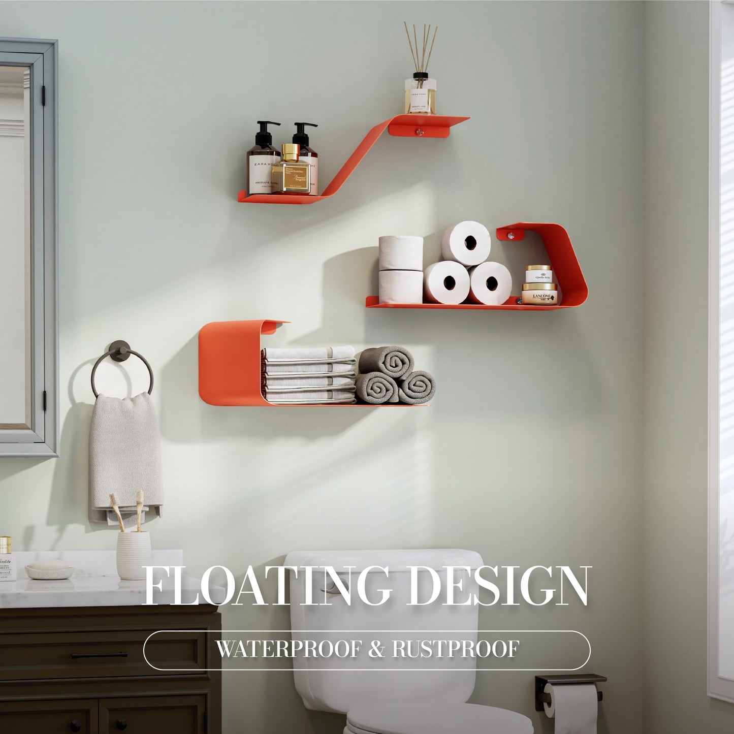 Sttoraboks Floating Wall Shelves Set of 3, Metal Mounted Shelf with Unique Design, Bookshelf for Storage & Display in Bathroom, Bedroom, Kitchen, Living Room, Orange Home Decor