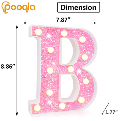 Pooqla LED Marquee Lights, Pink Glitter Alphabet Letters - Battery Powered Night Light, Birthday Party, Wedding, Home Bar, Christmas Decoration - Letter B