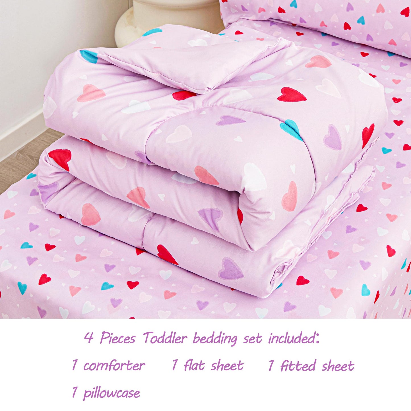 Viviland Purple Heart Toddler Comforter Sets, Cute Girls Toddler Bedding Set, Soft Microfiber Toddler Bed Set