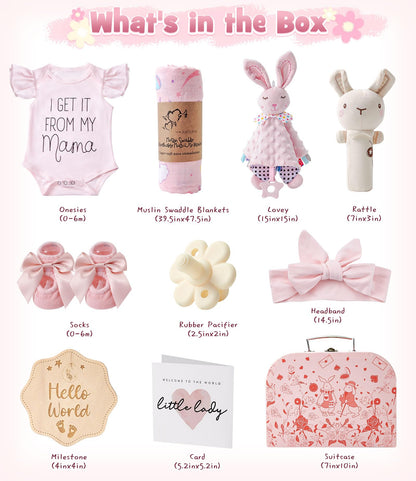Golray Baby Shower Gifts for Girls, Baby Girl Gifts Baskets with Rattle, Blanket/Bodysuit Set, New Born Essential Stuff, Gender Reveal Ideas Infant New Born Baby Girls Gift Basket