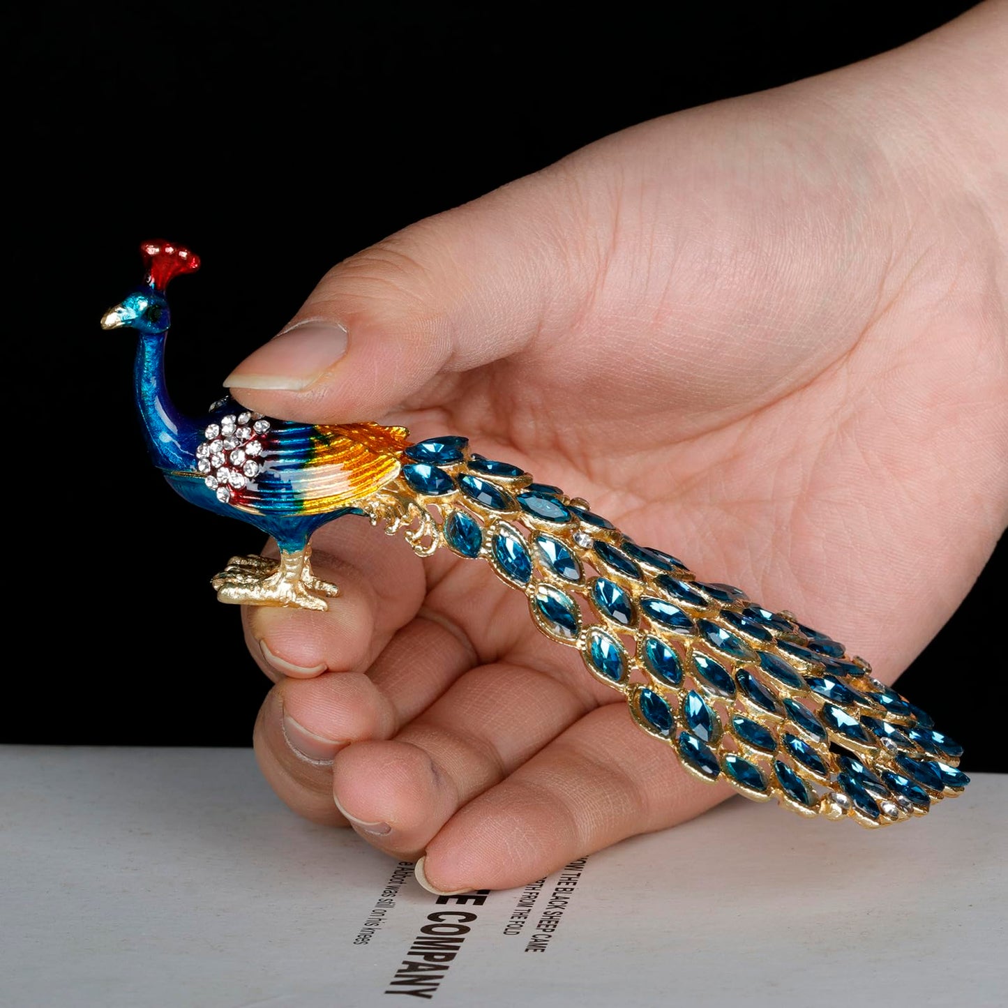 SEVENBEES Enameled Peacock Jewelry Box - Hand Painted Collectible Figurine with Crystal Rhinestones, Women and Girls for Rings and Earrings Valentine Decor Gifts