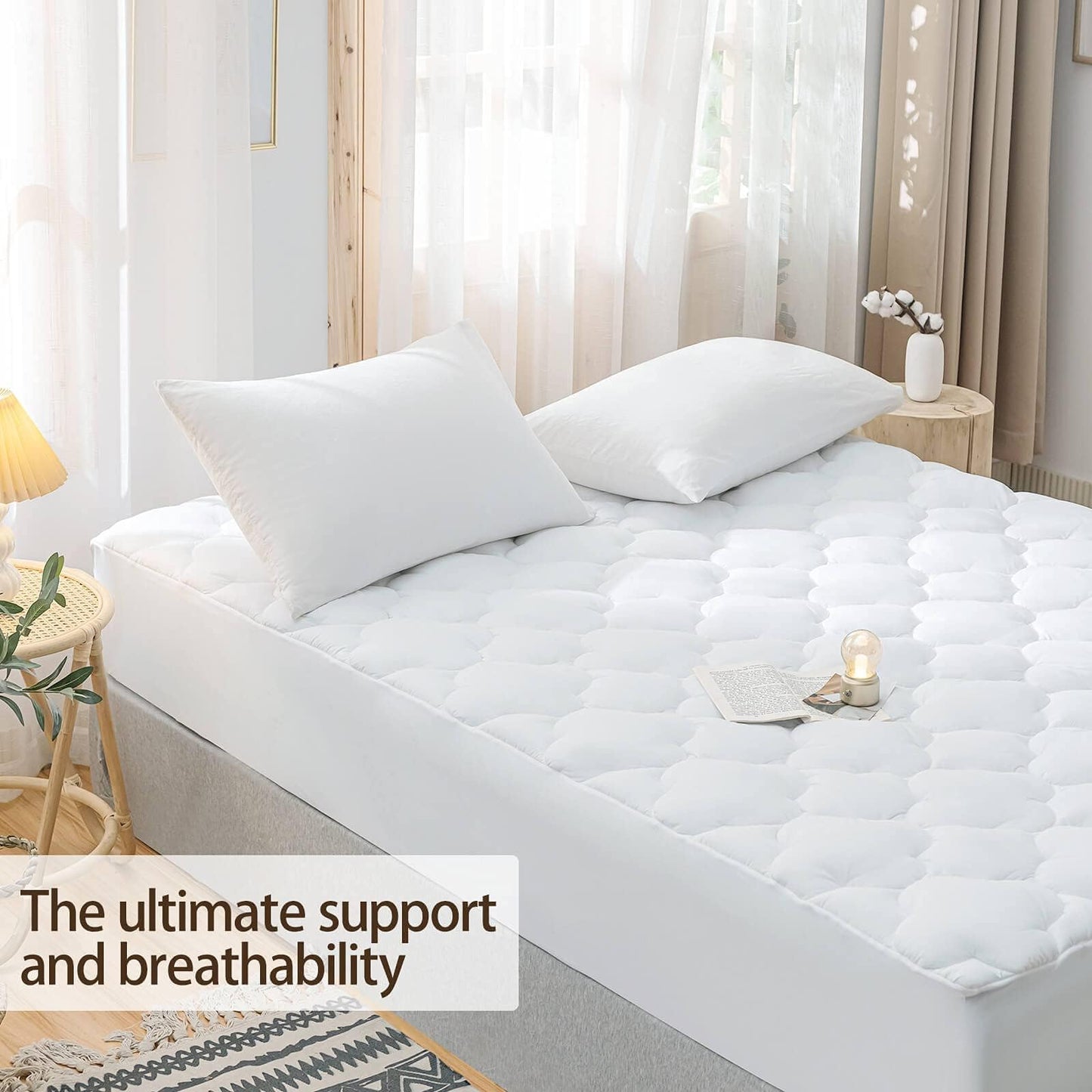 WhatsBedding Waterproof Mattress Pad Queen Size Cotton Top Down Alternative Filling Pillowtop Mattress Topper Cover-Fitted Quilted (Queen Mattress Pad)