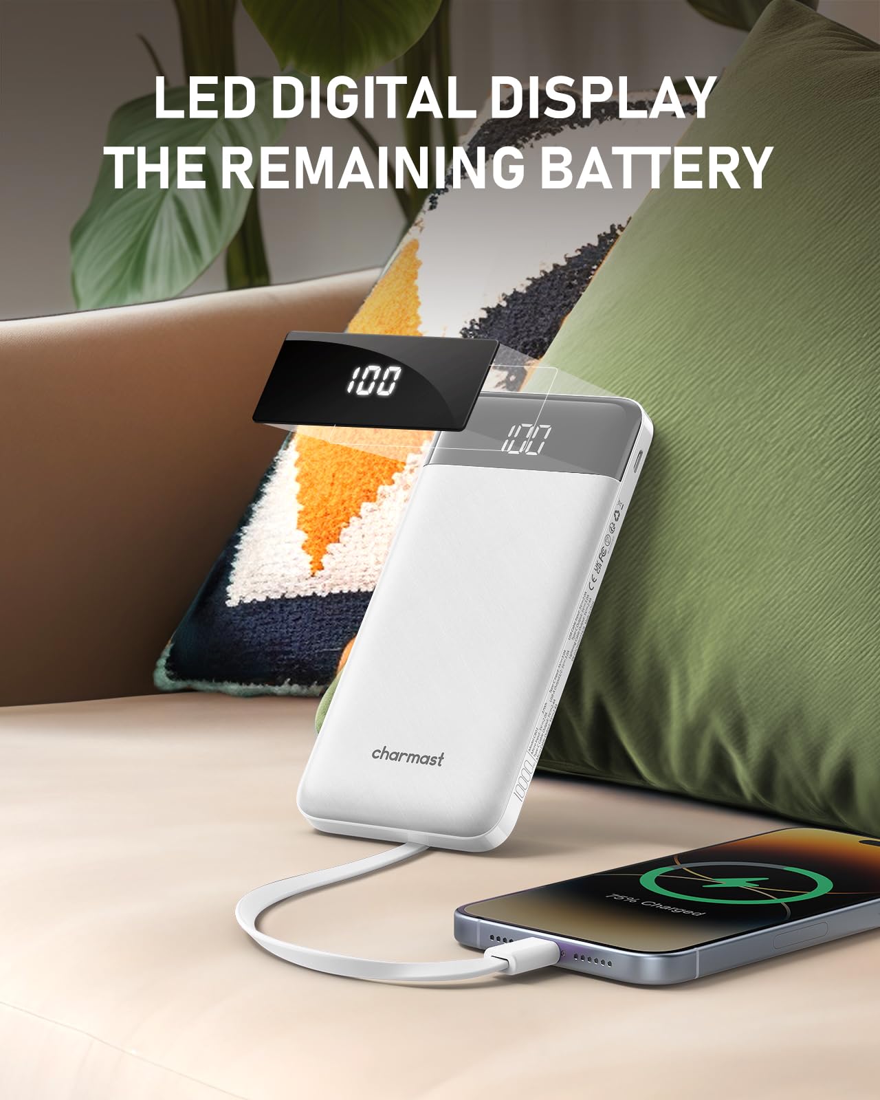 charmast Portable Charger with Built in Cables, 10000mAh Slim Power Bank, 15W USB C in&Out Port High Speed Charging External Charger, Battery Pack Compatible with iPhone 16 15 13 Samsung Google iPad