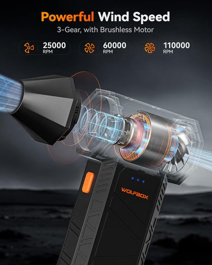 WOLFBOX MegaFlow 50 Compressed Air Duster-110000RPM Super Power Electric Air Duster, 3-Gear Adjustable Mini Blower with Fast Charging, Dust Blower for Computer, Keyboard, House, Outdoor and Car