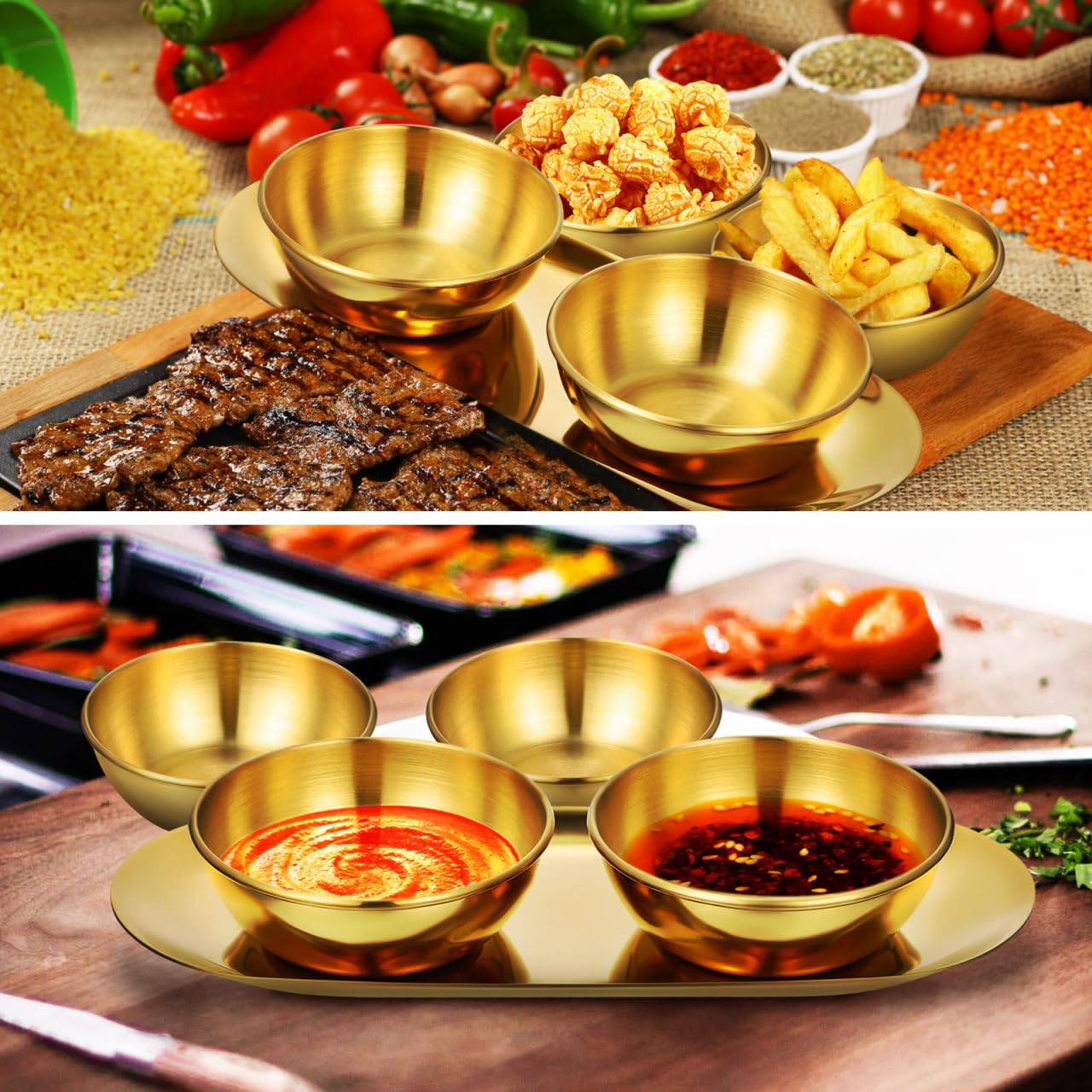 AUTSUPPL Gold Stainless Steel Sauce Bowl Tray Set with 6 Small Dipping Bowls and 2 Decorative Oval Trays for Sushi Seasoning and Home Dining