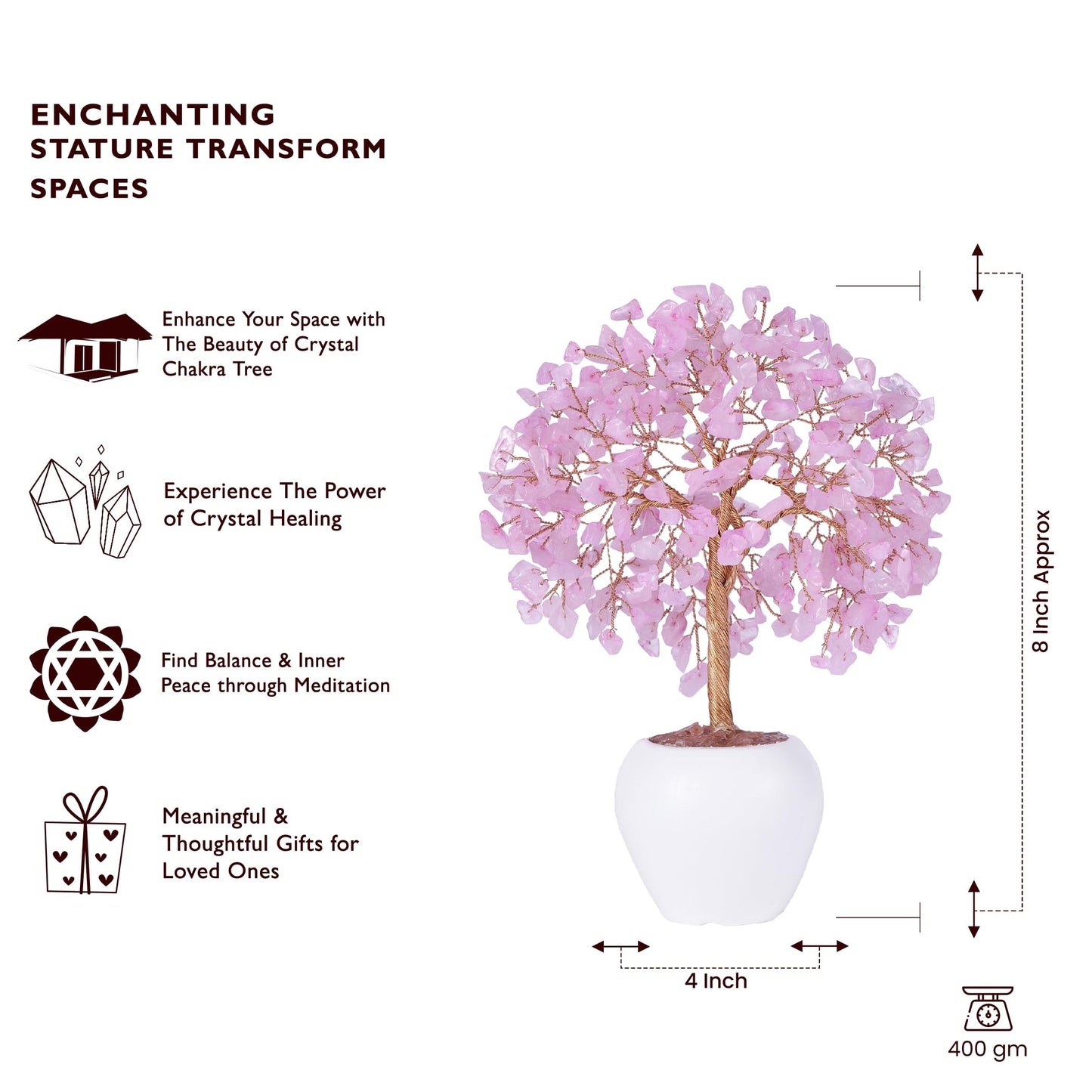 Rose Quartz Stone Chakra Crystal Tree Money Tree Feng Shui Gemstone Tree of Life with Pot Base, Good Luck Tree Christmas Home Office Desk Crystal Decor Ornaments, for Emotional Healing, Heart Chakra