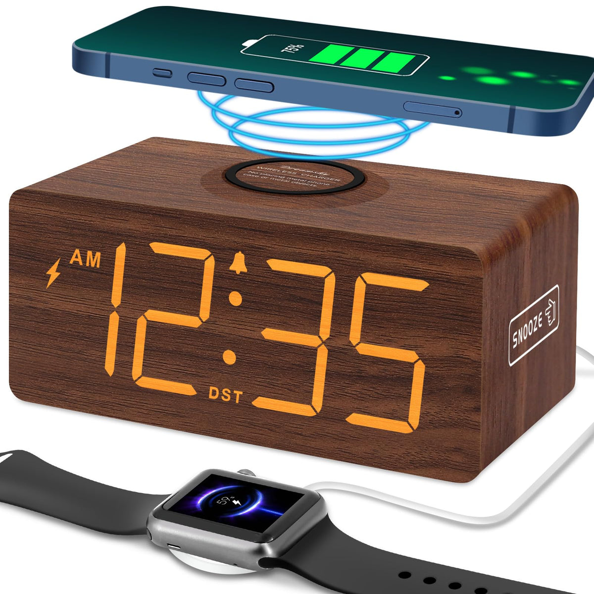 DreamSky Wooden Digital Alarm Clock with Wireless Charging for Bedroom