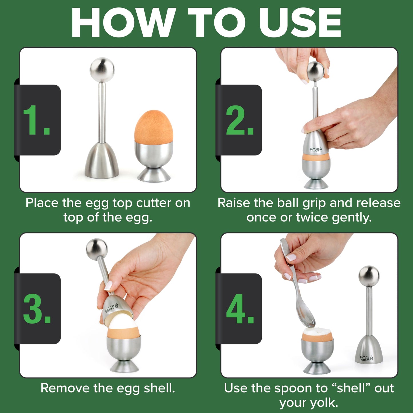 Eparé Bundle: Electric Salt or Pepper Grinder & Steel Egg Cracker Topper Set - Battery Operated Ceramic Burr Peppermill Shaker & Complete Soft Boiled Egg Tool Set