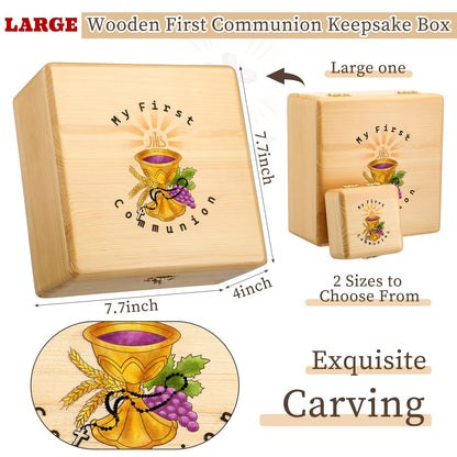 Wonderjune First Communion Wooden Keepsake Box First Holy Communion Gift Cross Rosary Jewelry Box Baptism Gift Memory Storage Box(7.7 x 7.7 x 4 Inches)