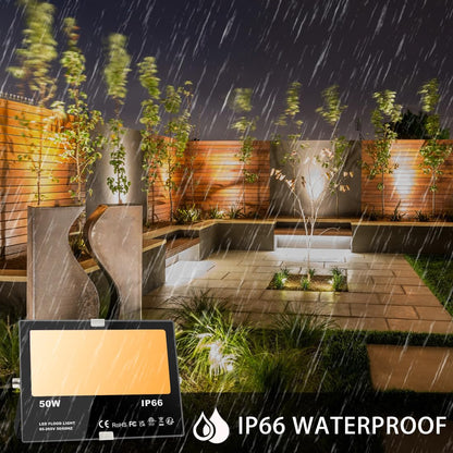 Jayool LED Floodlight Outdoor 50W 5000LM, Flood Lights Colour Changing, 120 RGB Colours- Warm White-Timing-Remote Control - 5 Modes, IP66 Waterproof, UK 3-Plug (1 Pack)