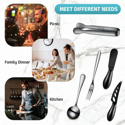 Patelai Charcuterie Board Accessories Cheese Spreader Knife Set Charcuterie Utensils Butter Knife Stainless Steel Mini Serving Tongs Spoons Appetizer Forks for Pastry(Black,18 Pieces)