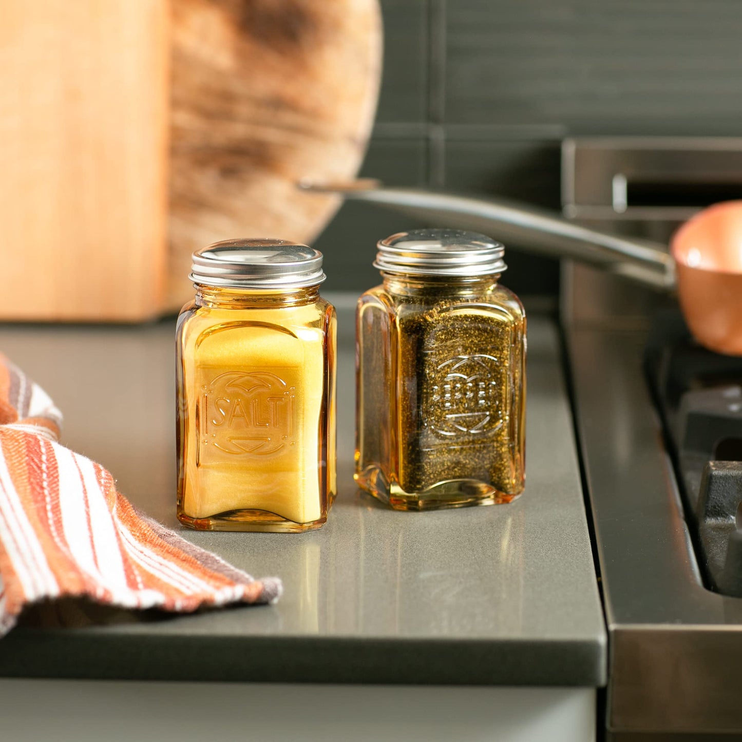RSVP International Jumbo Retro Glass Salt & Pepper Shaker, Screw On Stainless Steel Lid, Each Shaker Holds 8 Ounces, Amber, 2.25x2.25x4.3, 2 Piece