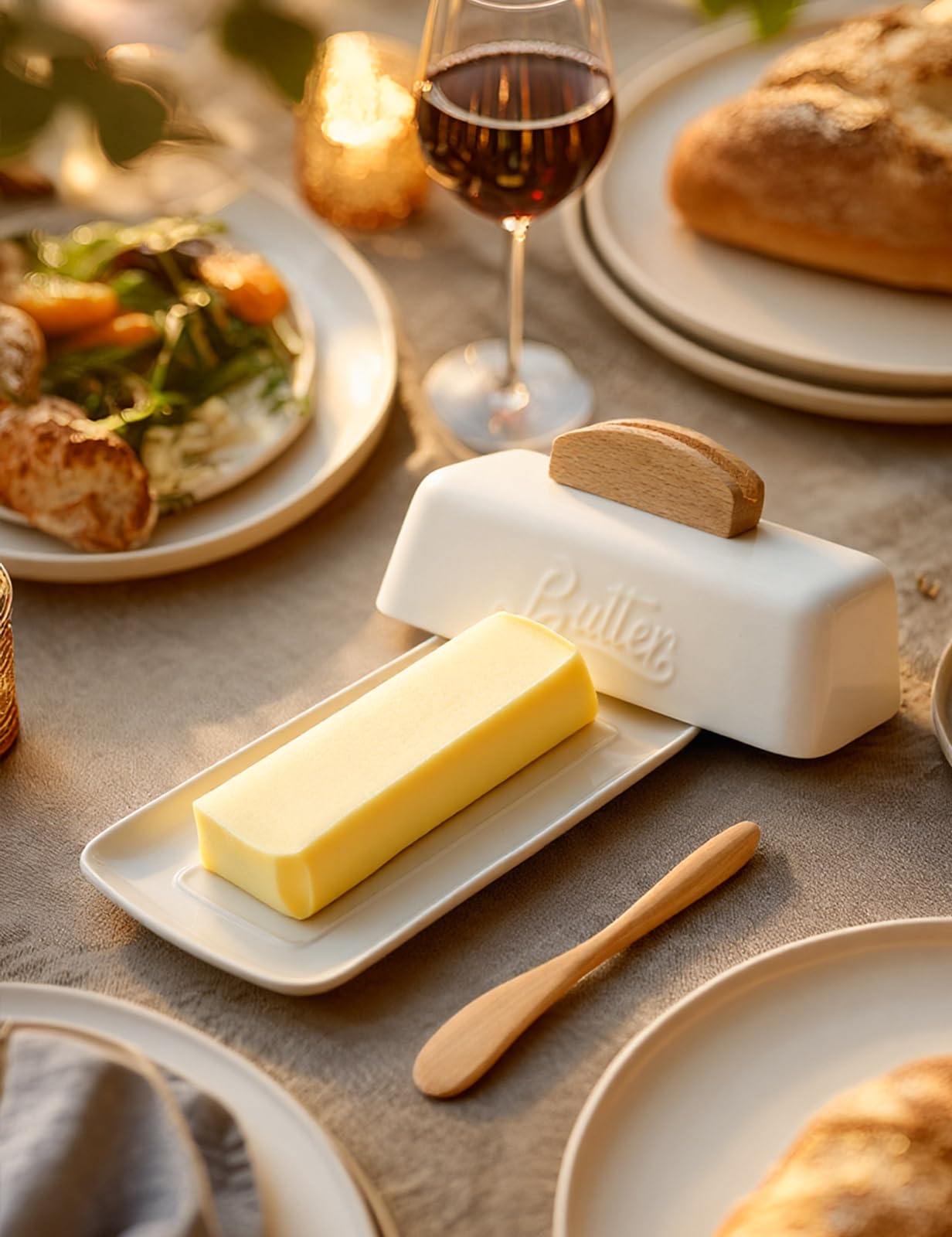 Butter Dish with Lid and Knife Ceramic Butter Holder for Counter Humanized Clamp-able Knife Handle Design, Perfect for East West Coast Butter, White