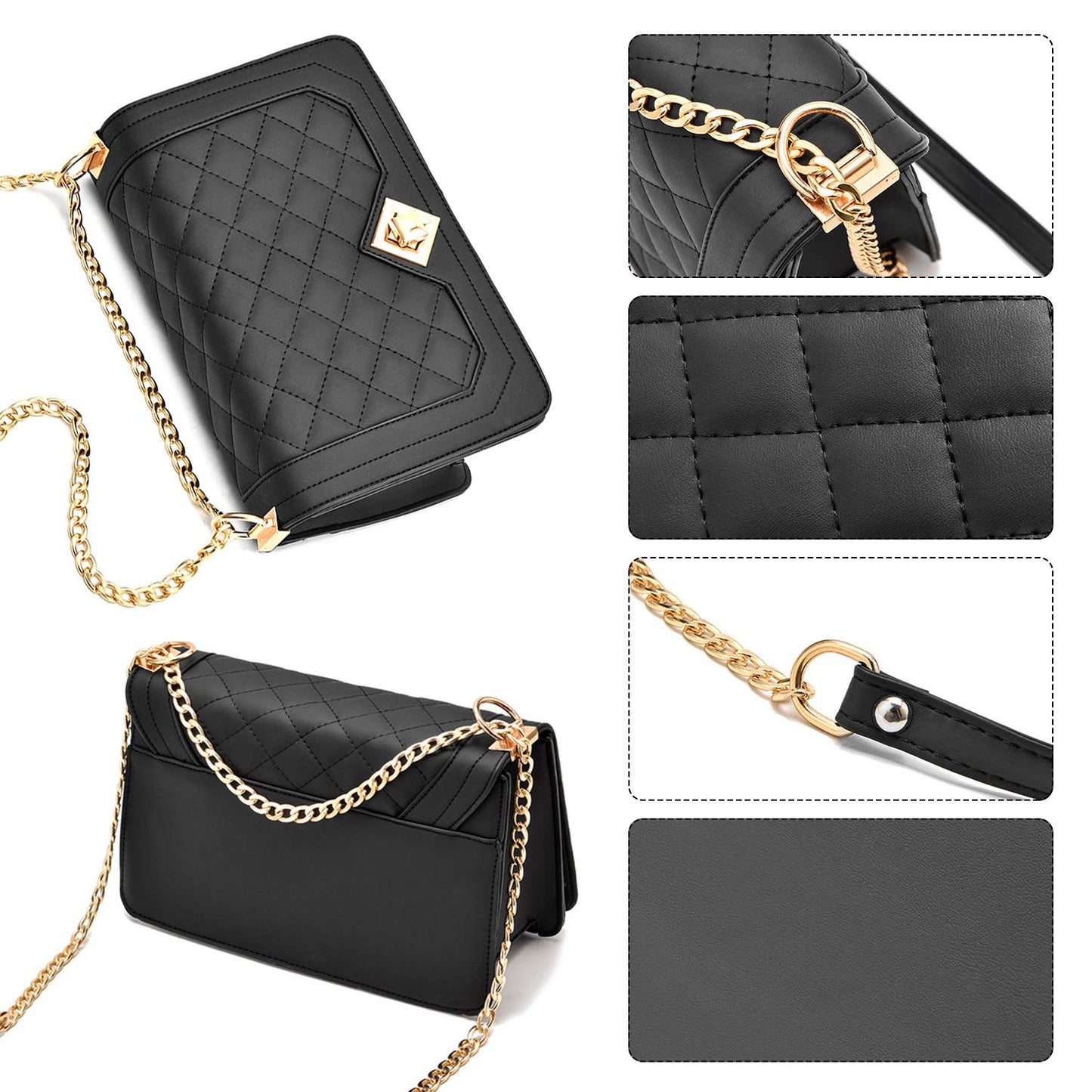 Travistar Crossbody Bags for Women Small Ladies Shoulder Bag Purse PU Leather Quilted Handbags with Gold Chain Strap Fashion Cute Cross Body Phone Bag Side Purses Black Evening Clutch