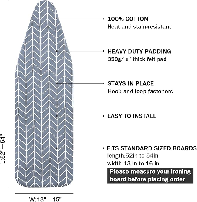 Ironing Board Cover and Pad Standard Size 15 x 54, 3 Pairs of Hook and Loop