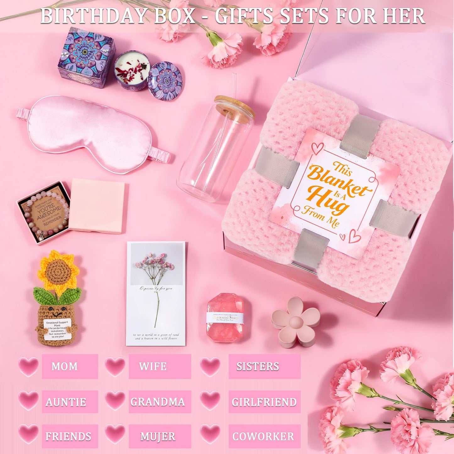 Birthday Gifts for Women Spa Care Package, Get Well Soon Gift Baskets Thinking of You Sympathy Gift, Self Care Basket w/ Luxury Flannel Blanket 16 Oz Glass Mother Day Gifts for Her Sister Wife Friend