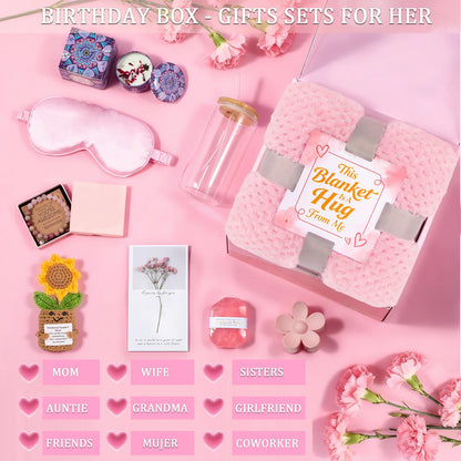 Birthday Gifts for Women Spa Care Package, Get Well Soon Gift Baskets Thinking of You Sympathy Gift, Self Care Basket w/ Luxury Flannel Blanket 16 Oz Glass Mother Day Gifts for Her Sister Wife Friend