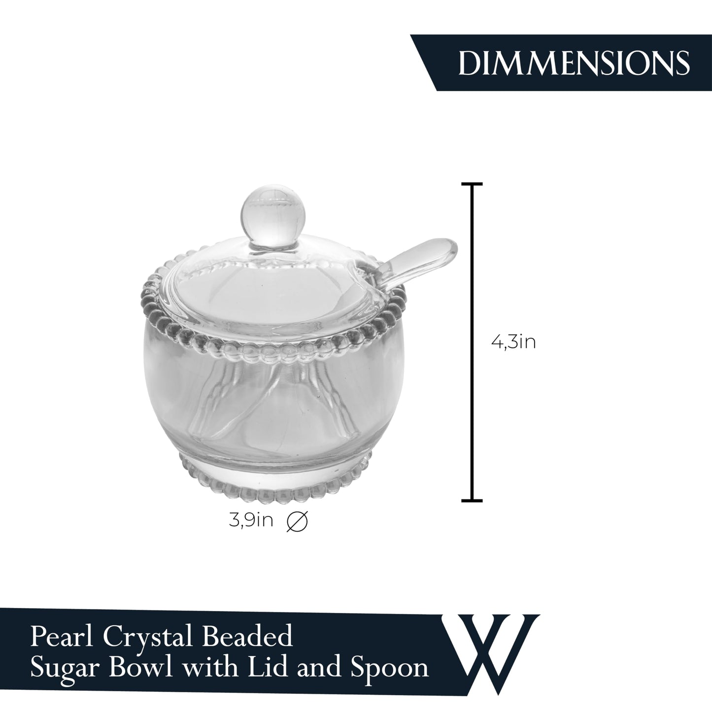 WOLFF Pearl Crystal Beaded Sugar Bowl with Lid and Spoon, Clear Crystal Sugar Holder, 6.7 oz Capacity, Dish for Salt Condiments and Spices (Clear, Sugar Bowl)