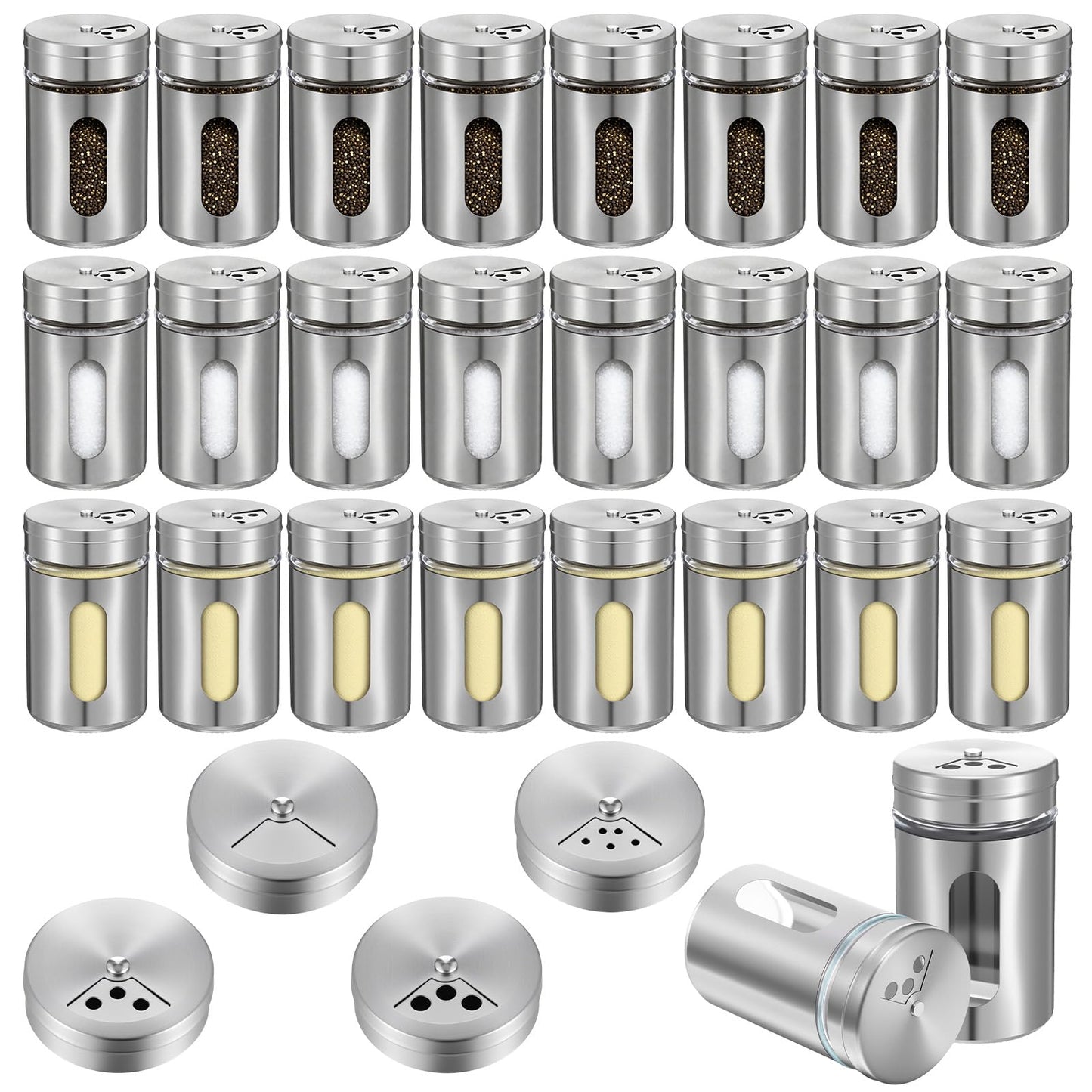 24 Pcs Stainless Steel Spice Jars with Shaker Lids, Seasoning Jars with Adjustable Pour Holes and Glass Window, Empty Spice Bottles for Kitchen Salt Pepper Sugar Seasonings (3.4oz)