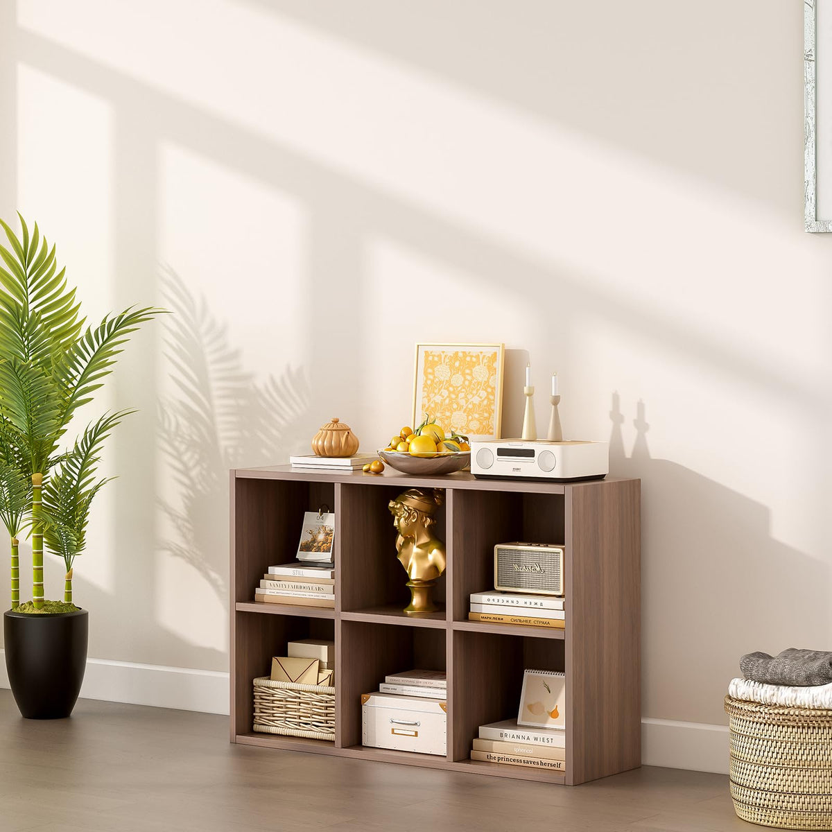 OSCHF 6-Cube Storage Shelf Bookcase - Wooden 3-Tier Floor Standing Open Bookshelf for Home and Office, Cuby Orgainzer, Walnut