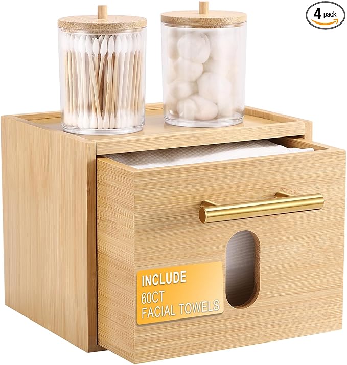 Face Towels Holder with 60 XL Towels, Disposable Towelettes Bamboo Box Cotton