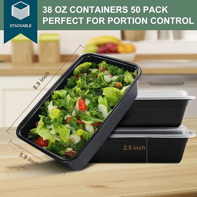 50 Pack Meal Prep Containers 38 oz, Leakproof To Go Food Containers, Disposable