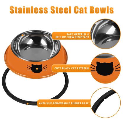 Serentive 2Pcs Cat Bowls Non-Slip Stainless Steel Small Cat Food Bowls Unbreakable Thicken Cat Feeder 7 Oz Cat Dishes Suitable for Indoor Small Pets Removable Rubber Base Easily Clean Lovely Color