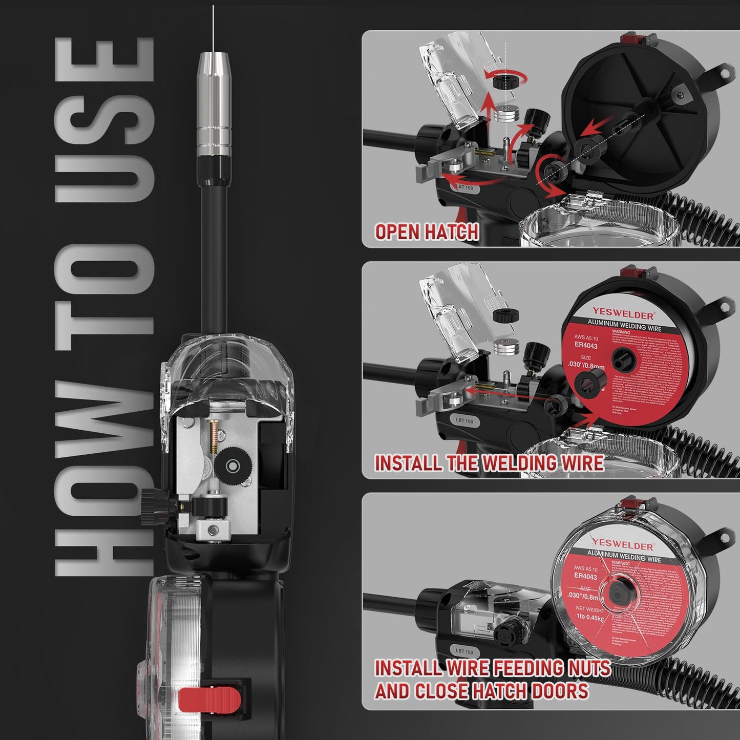YESWELDER 150A Spool Gun LBT150, 10ft Cable Fits YESWELDER MIG-250 PRO/MIG-205DS PRO/MIG-185DS PRO/YWM-211P/YWM-200 MIG Welder，European Connector Welder with 2-Pin Control Switch