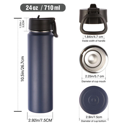 Volhoply 24 Ounce Insulated Water Bottle with Straw Lid,Stainless Steel Wide Mouth Sport Bottles with Handle,Double Wall Vacuum Cups Keep Cold,Reusable Travel Thermal Cups For Holder,Gym(Navy,1)
