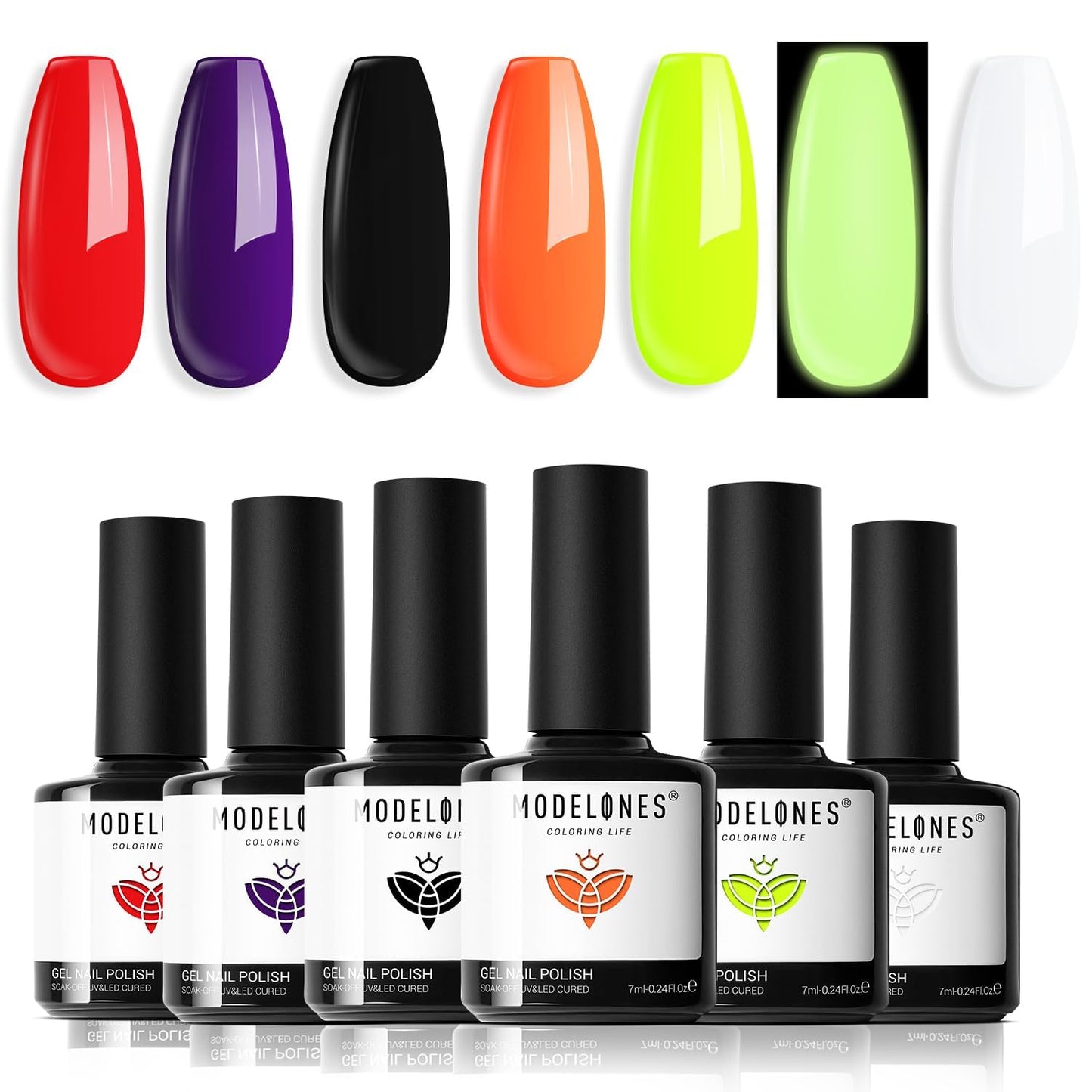 modelones Gel Nail Polish Set 6 Colors 2025 Halloween Hocus Pocus Collection Glow in the Dark Neon Green Orange Purple Red Black Gel Polish Set Fall Soak Off LED Nail Art Kit Gift with Nail Stikers